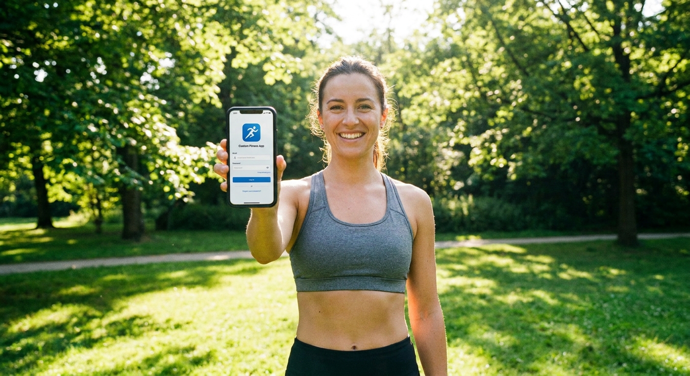 Personal trainer sorrindo ao ar livre usando aplicativo próprio no celular