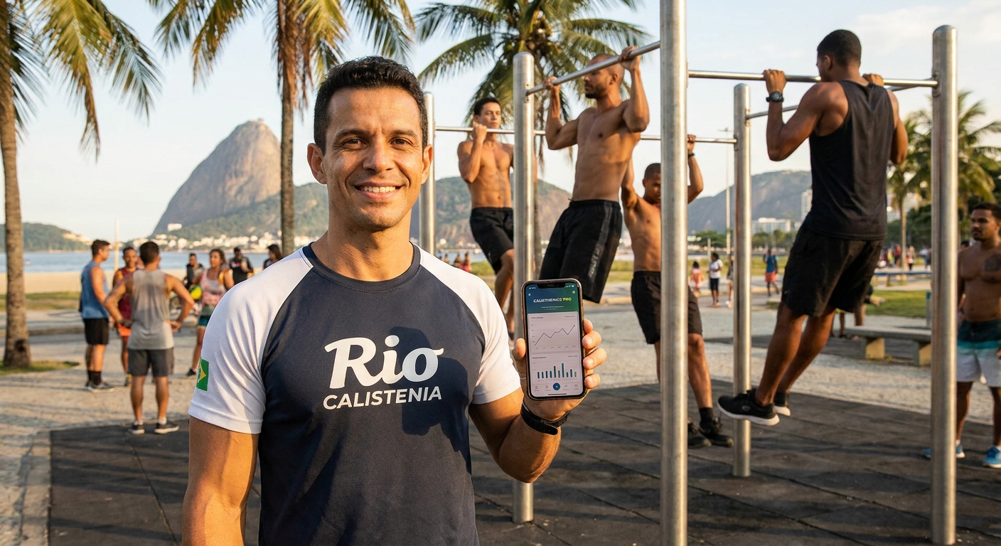 Instrutor de calistenia sorrindo segurando smartphone com app Personal Millbody para personal trainer