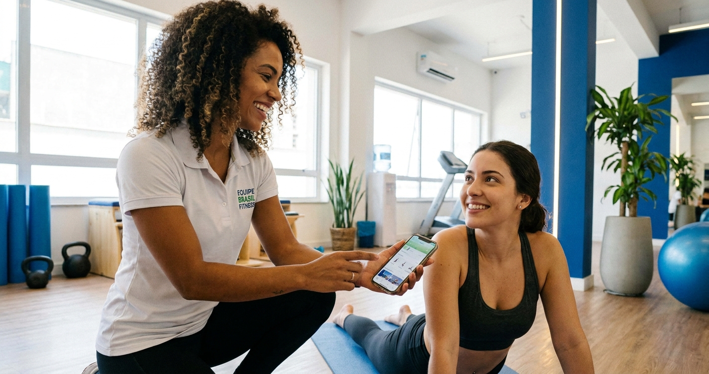 Personal trainer app: tecnologia a favor do atendimento presencial Personal trainer sorrindo mostrando celular para aluno fazendo alongamento em um estúdio iluminado