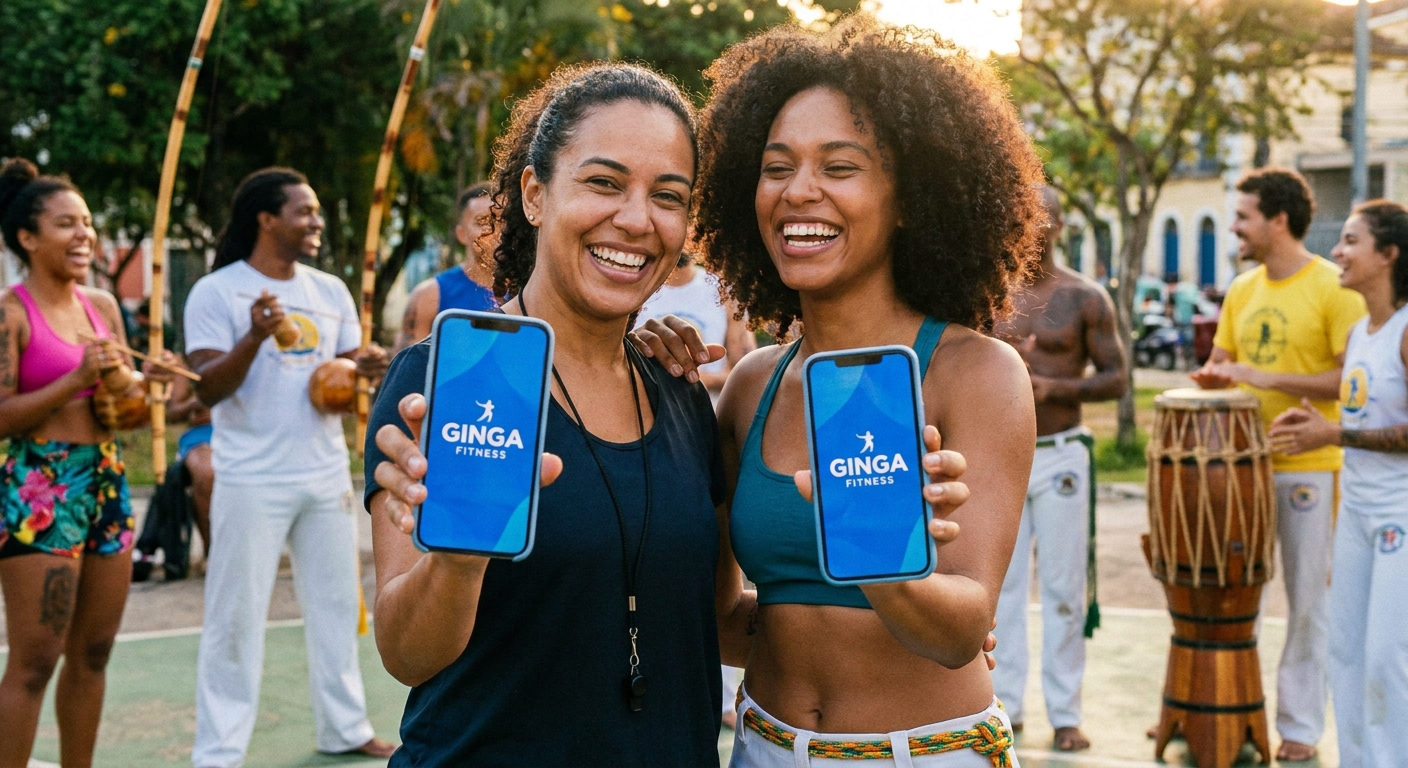 Personal trainer sorrindo ao lado de aluno usando smartphone com app Personal Millbody e elementos de capoeira ao fundo