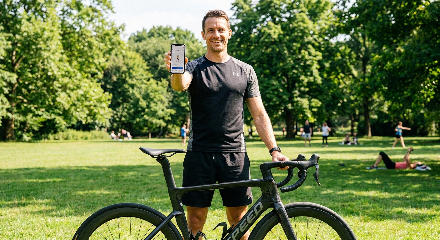 App para personal trainer de ciclismo segurando celular com treino aberto ao lado de bicicleta Speed