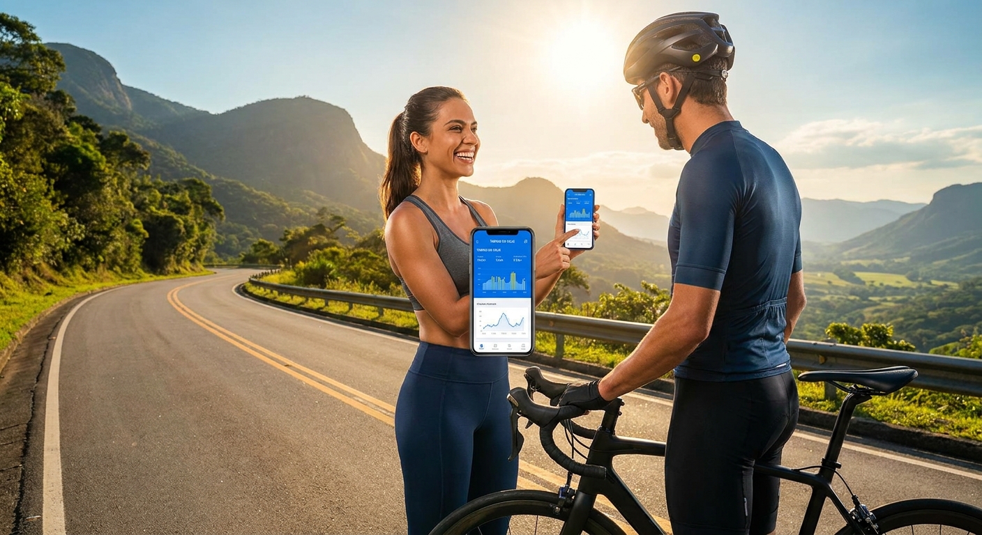 Personal trainer usando app de treinos para ciclismo ao lado de ciclista com bicicleta speed