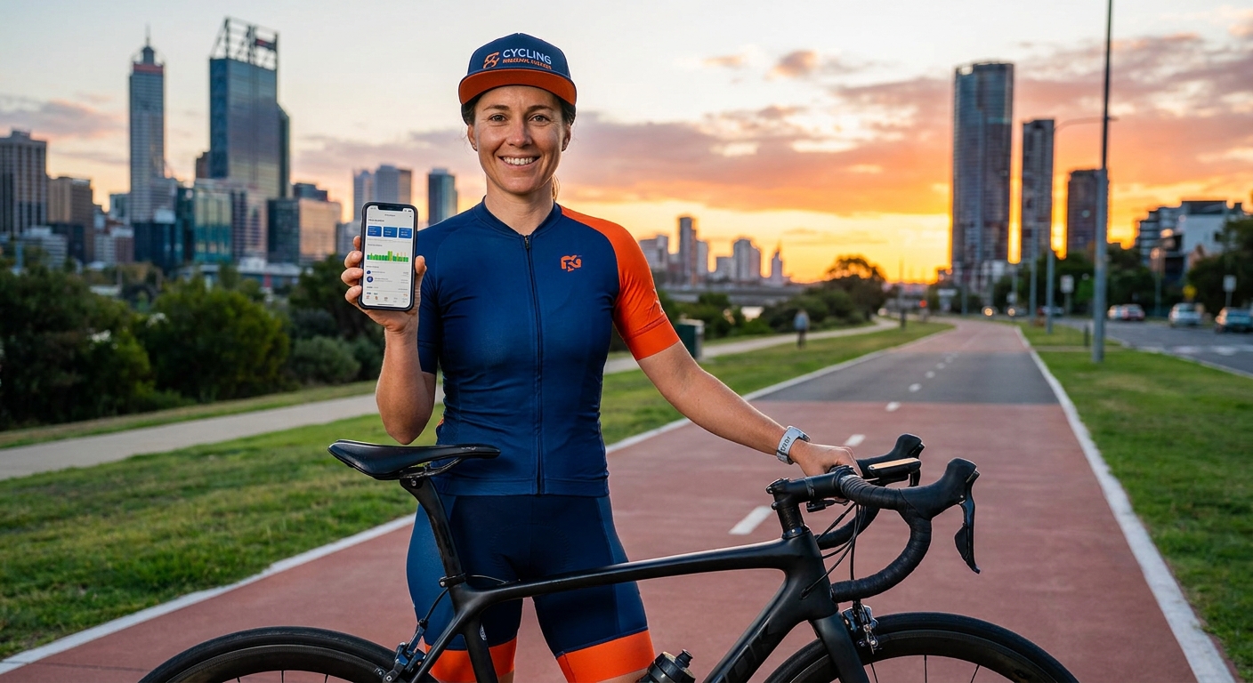 Profissional usando app para personal trainer de ciclismo ao lado de bicicleta speed