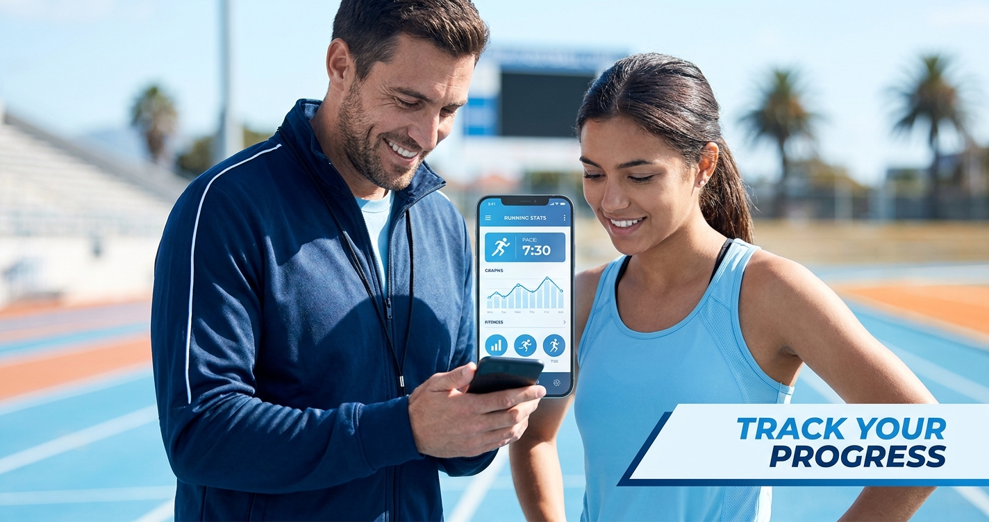 Coach de corrida ao lado de aluno olhando para celular com app personalizado aberto