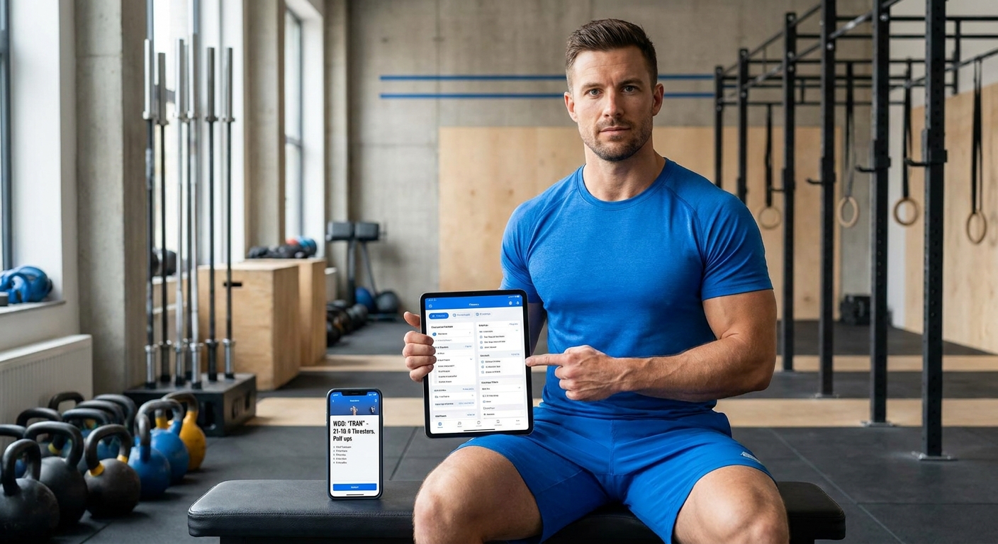 Personal Trainer usando app de treino no tablet ao lado de celular com treino CrossFit