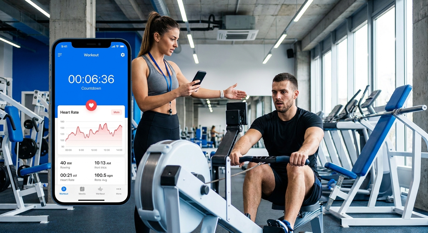 app personal trainer com cronômetro e batimento cardíaco durante treino HIIT de remo indoor