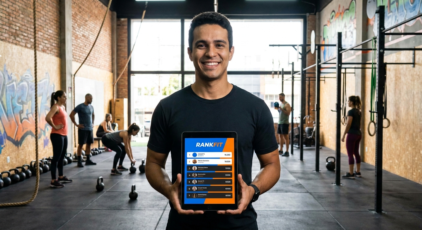 Personal Trainer sorrindo segurando tablet com app Personal Millbody mostrando leaderboard de cross training