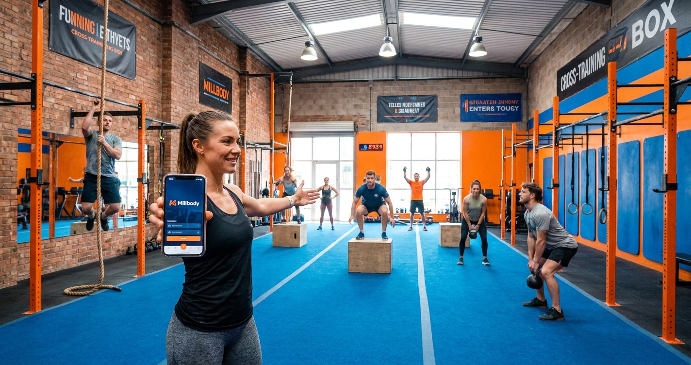 Treinador de cross training usando o app Millbody ao lado de alunos durante um WOD