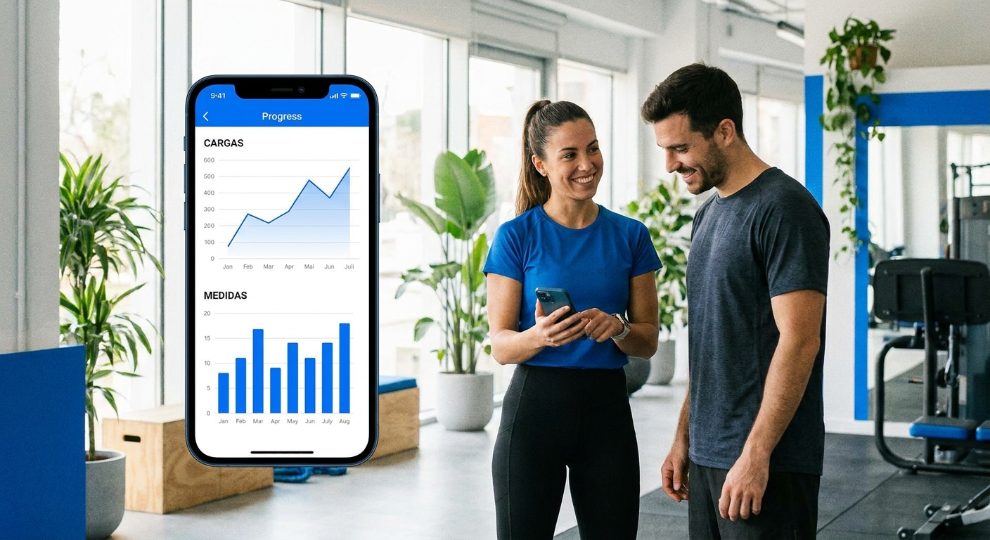 Personal trainer e aluno olhando celular com gráfico de evolução de cargas e medidas no app para personal trainer