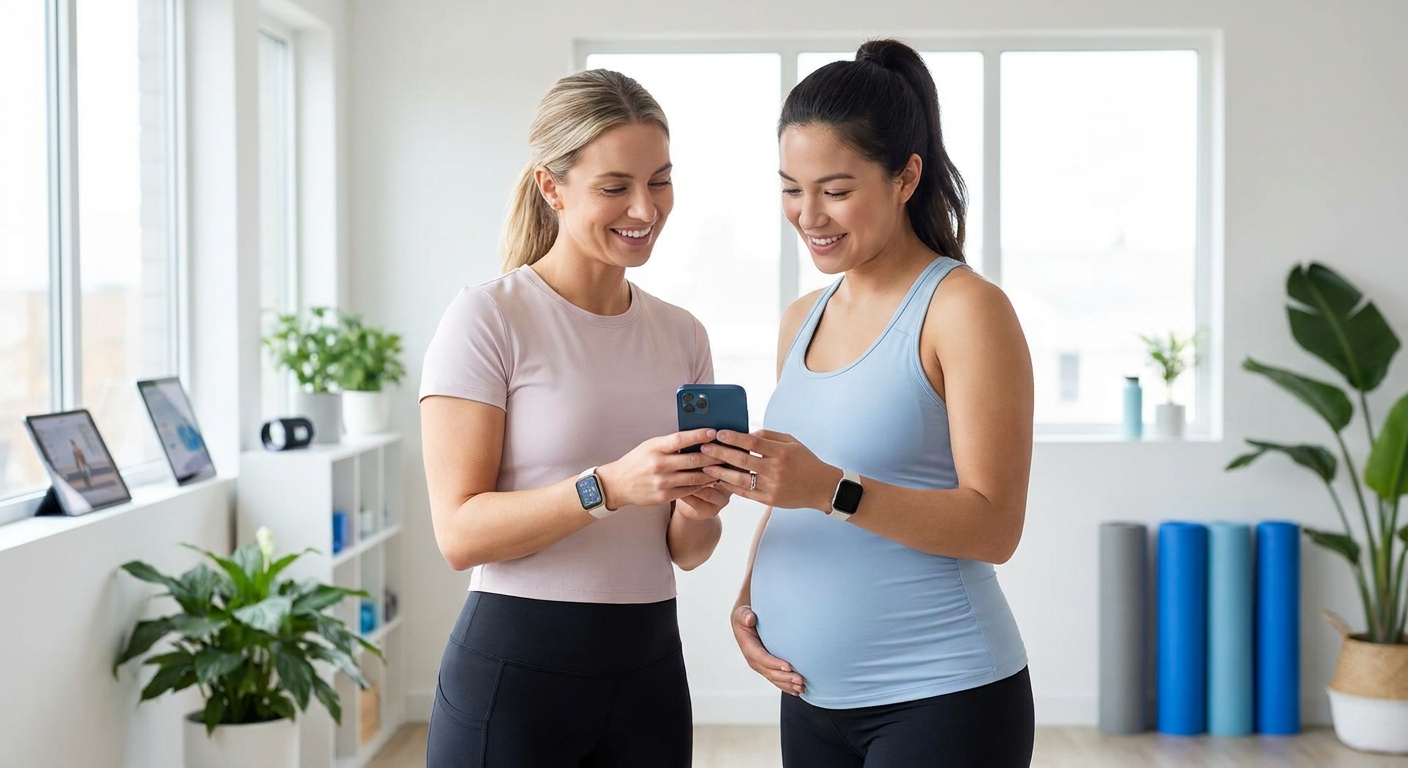 App Personal Trainer para Gestantes e Atletas de Jiu-Jitsu Personal trainer usando app Millbody com aluna gestante