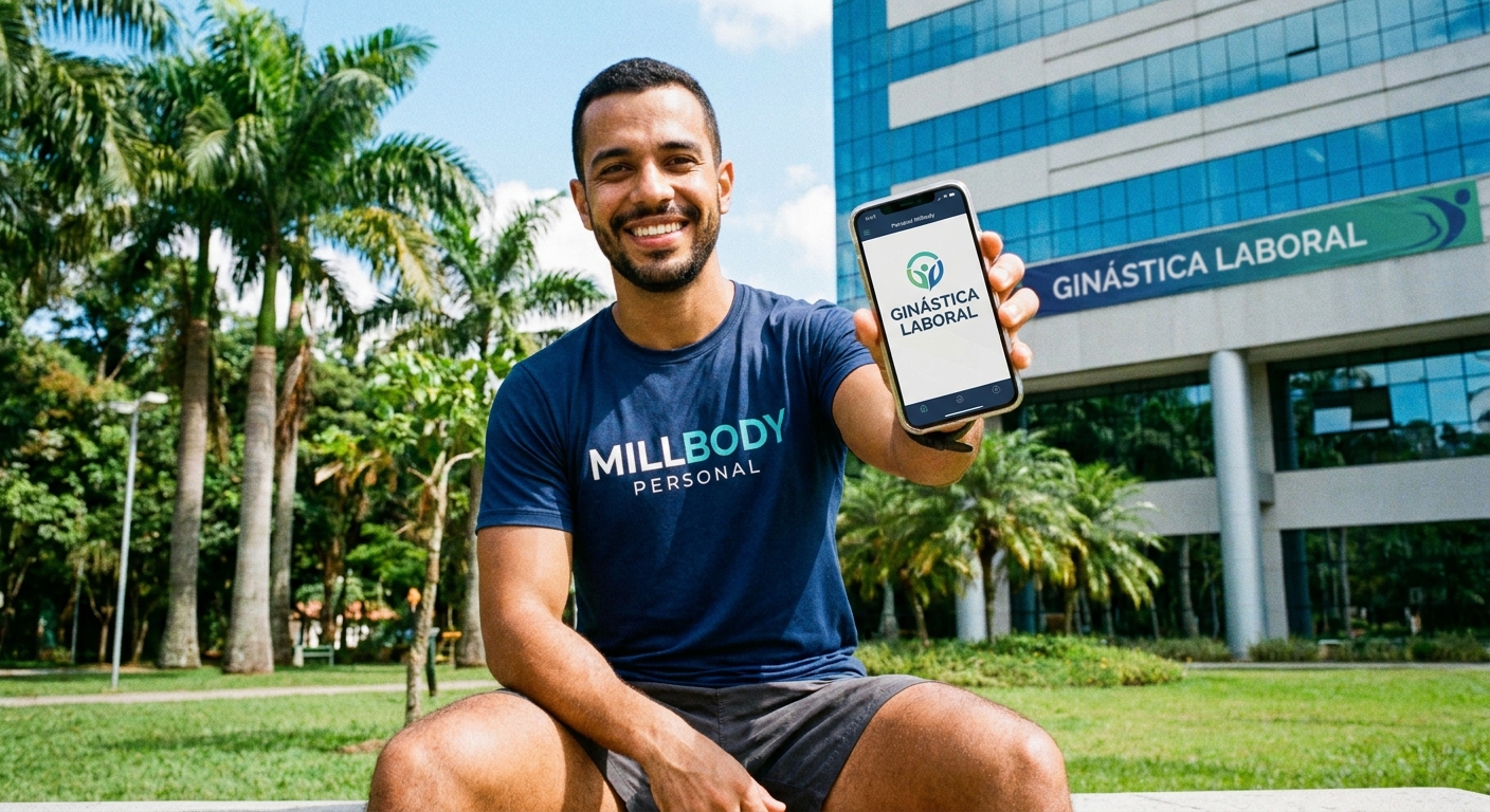 Instrutor funcional sorrindo segurando smartphone com app Personal Millbody em parque com prédio ao fundo