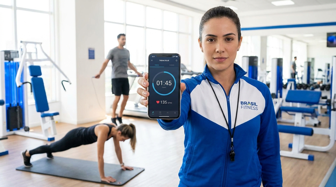 Personal trainer usando app no celular com cronômetro e batimento cardíaco durante treino HIIT