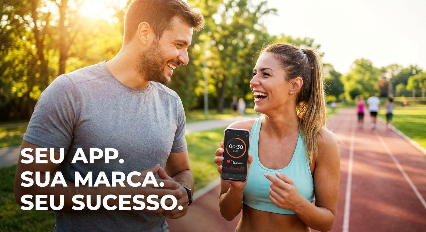 Personal trainer utilizando app próprio com cronômetro e batimento cardíaco em treino HIIT App para personal trainer HIIT com cronômetro e batimento cardíaco durante treino ao ar livre