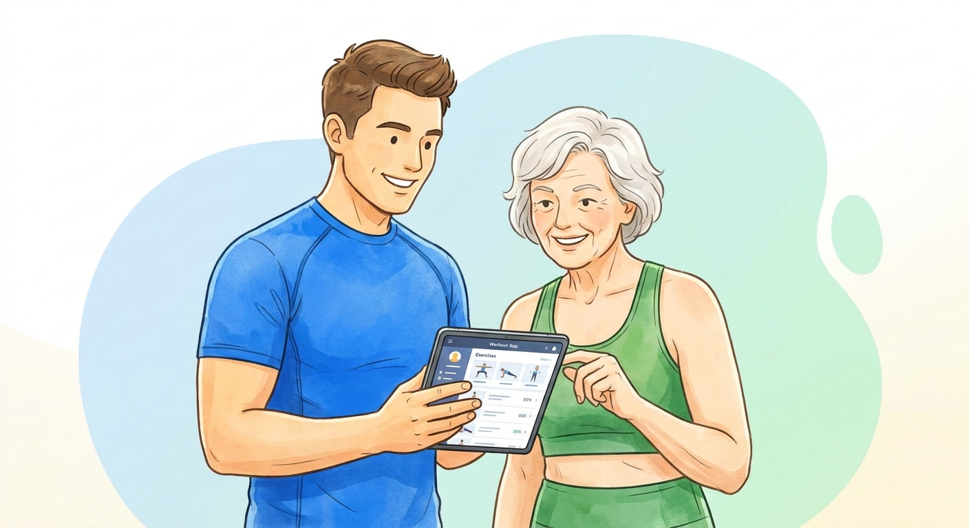 Personal trainer usando app Millbody com aluna idosa sorridente