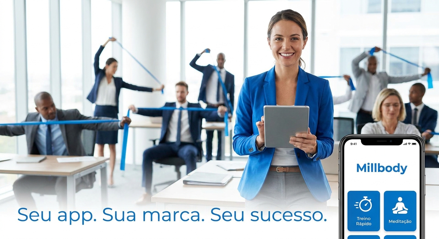 App Personal Trainer Corporativo Millbody Treinadora corporativa usando aplicativo para personal trainer Millbody para treinos e meditação com funcionários