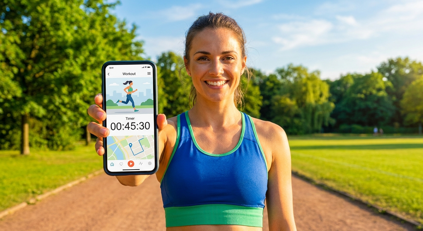Personal trainer sorrindo ao ar livre segurando smartphone com aplicativo de treino para personal trainer