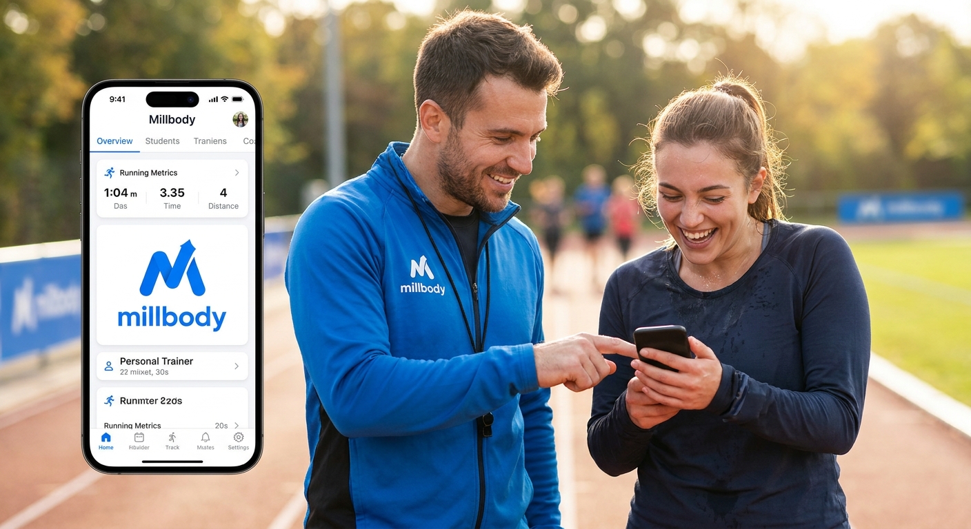 Personal trainer usando app Millbody com aluno corredor – aplicativo personalizado para treinos de corrida de rua
