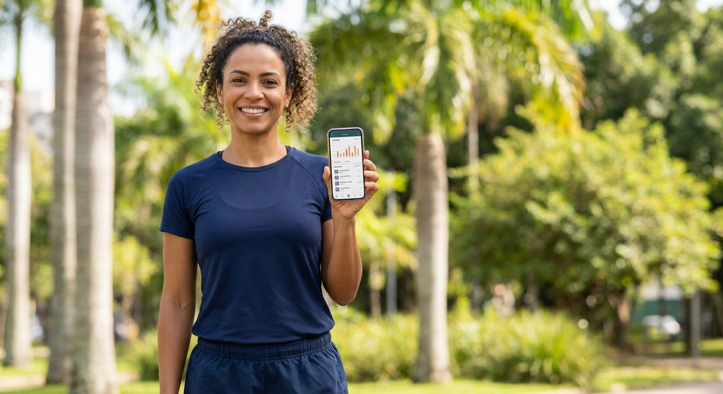 Personal trainer com app Personal Millbody Personal trainer usando aplicativo Personal Millbody para treinos de emagrecimento