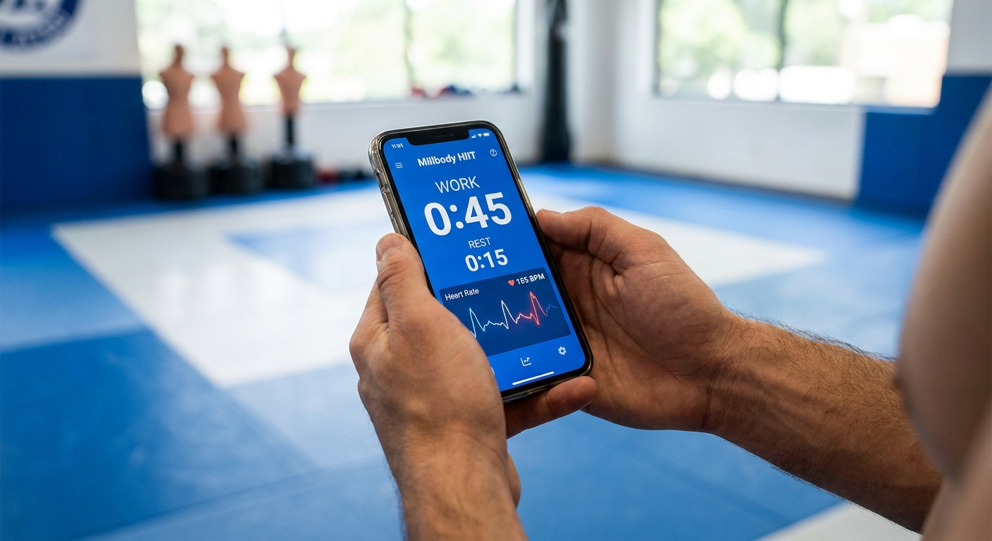 Aplicativo Millbody exibindo cronômetro HIIT e batimento cardíaco em tempo real para treino de Jiu-Jitsu