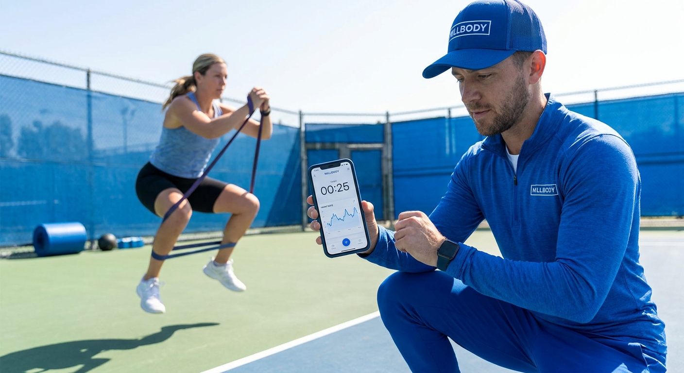 Personal trainer usando o app Millbody durante treino HIIT na quadra com cronômetro e batimento cardíaco