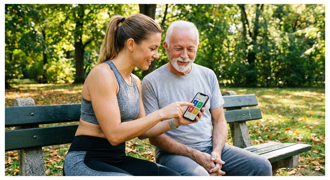 Personal trainer mostrando aplicativo Millbody para idoso em parque