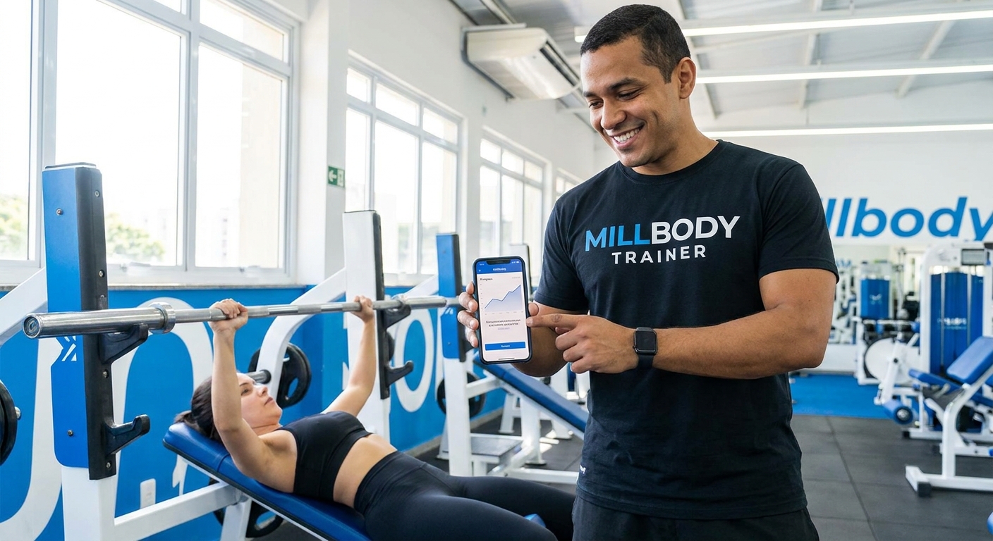 Personal Trainer usando app Millbody para motivar aluno durante treino de musculação na academia