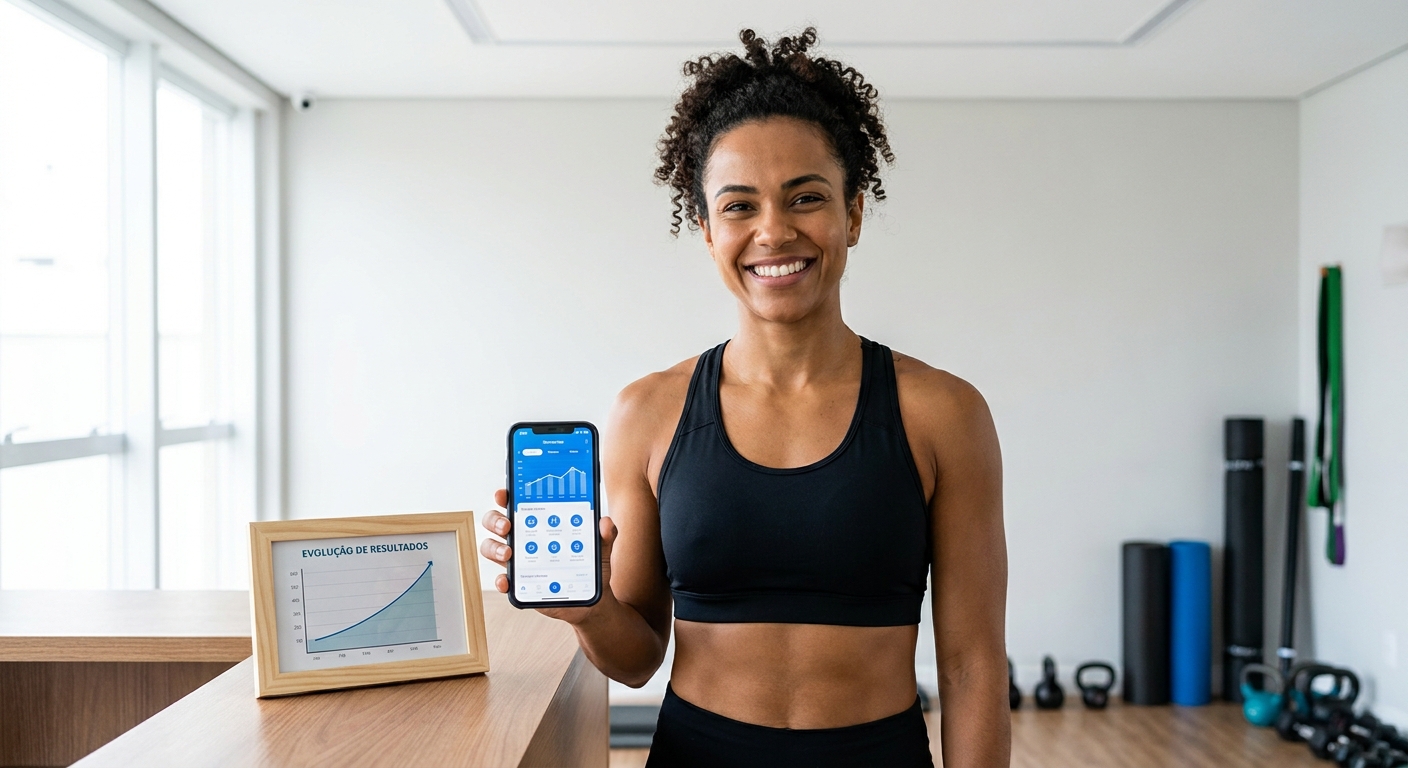 Plataforma para personal trainer que valoriza seu trabalho Personal trainer sorrindo ao lado de celular com app Millbody e gráfico de evolução