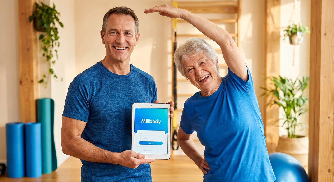 Personal trainer da terceira idade usando o aplicativo Millbody para planejar treinos suaves e acessíveis