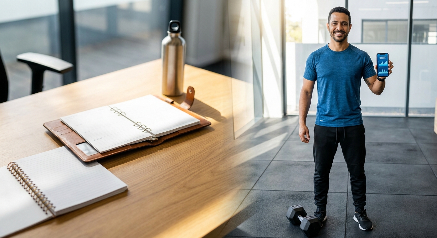 Personal trainer usando aplicativo para personal trainer no smartphone ao lado de halter e planner - Personal Millbody