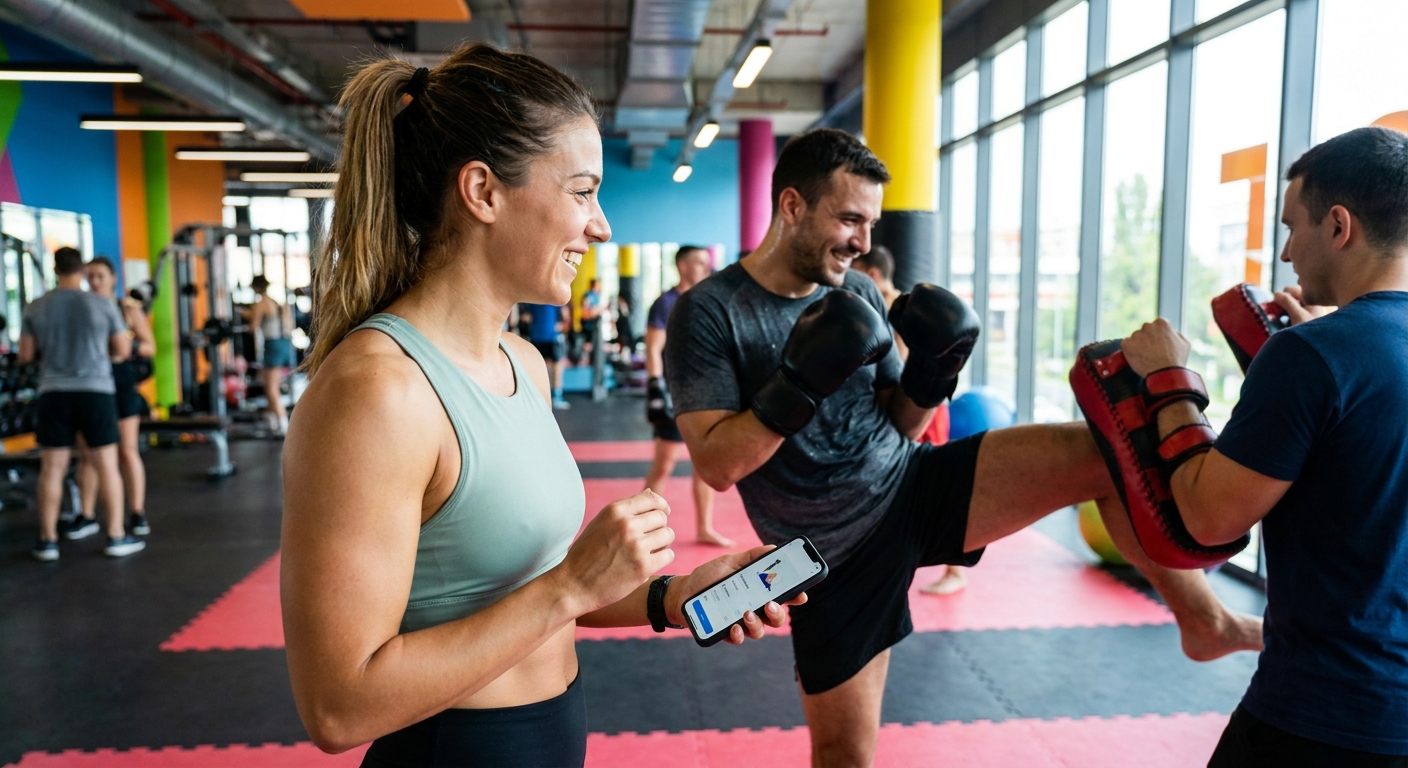 App para personal trainer - personal trainer usando celular com aluno de Muay Thai