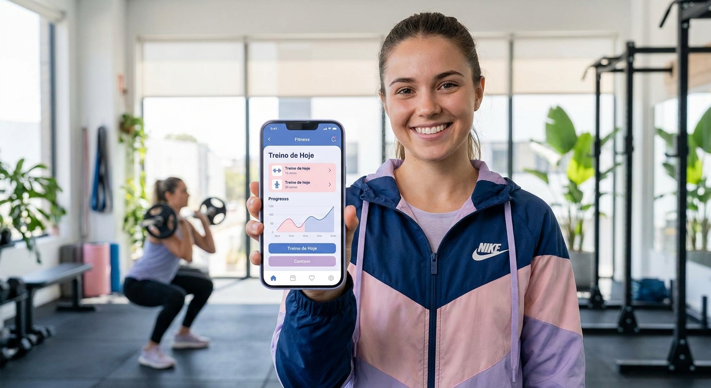 App personal trainer treino feminino - Personal Millbody Personal trainer sorrindo segurando smartphone com aplicativo para personal trainer de treino feminino
