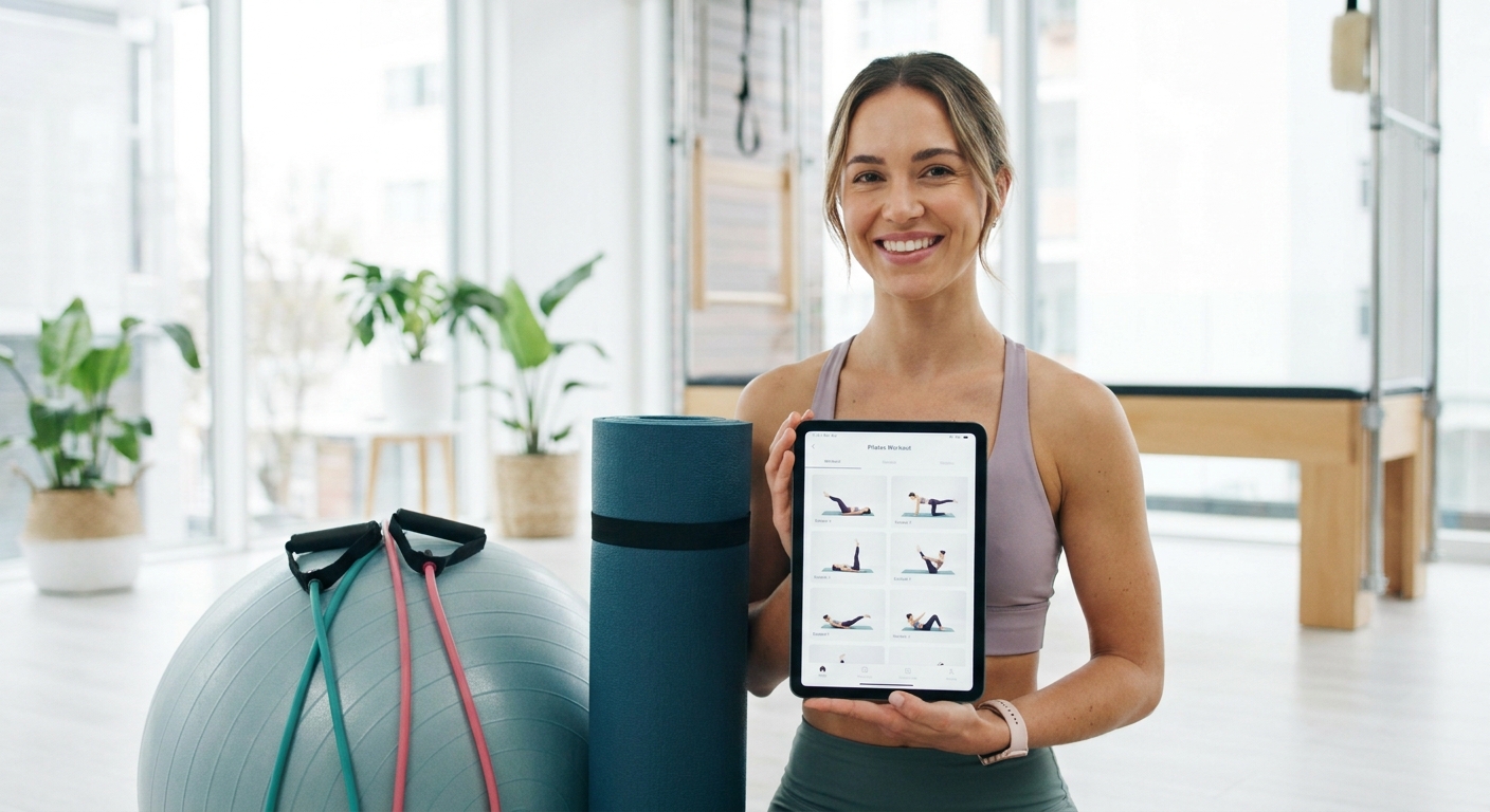 Personal trainer sorrindo usando app de treino Personal Millbody em um tablet com acessórios de pilates