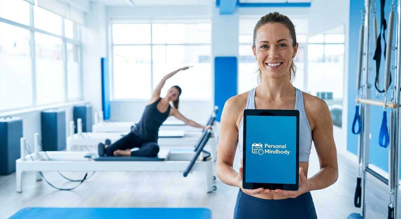 Professora de Pilates sorrindo segurando tablet com mockup do app Personal Millbody ao lado de aluno fazendo exercício de mobilidade