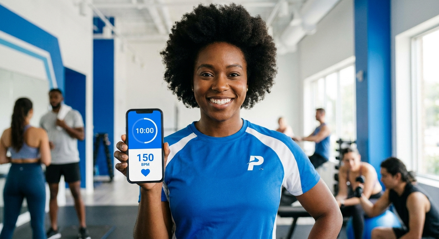 Personal trainer sorrindo com smartphone mostrando app de treino com cronômetro e batimento cardíaco