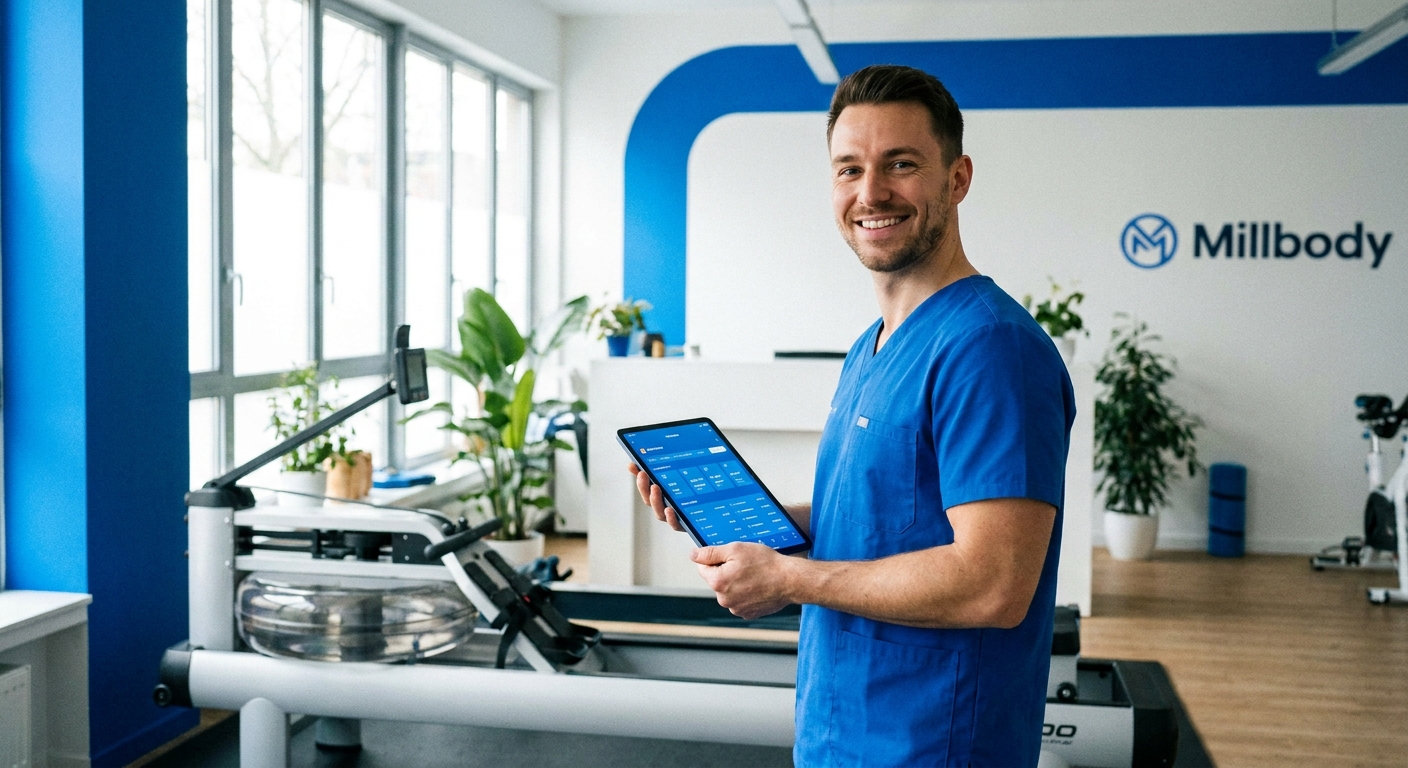App para personal trainer de remo indoor Fisioterapeuta esportivo usando tablet ao lado de remo indoor com feedback de exercício no aplicativo Personal Millbody