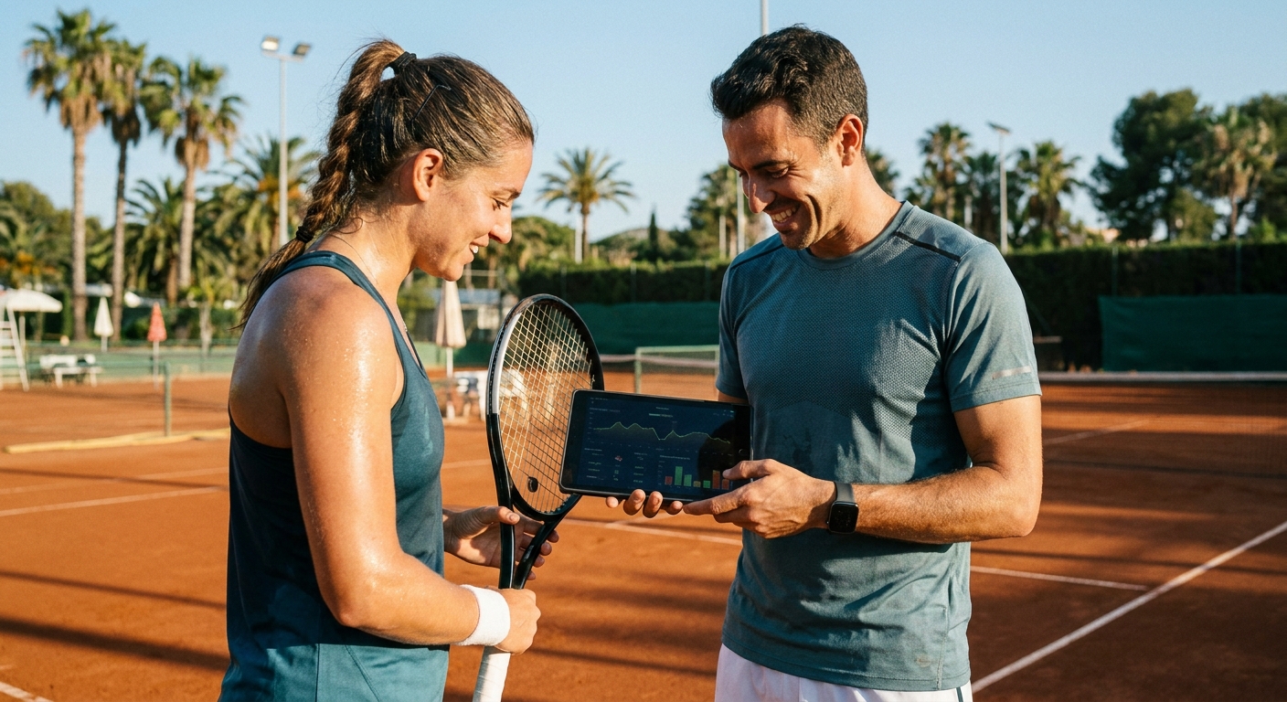 Personal trainer usando app para personal trainer em quadra de tênis ao lado de atleta