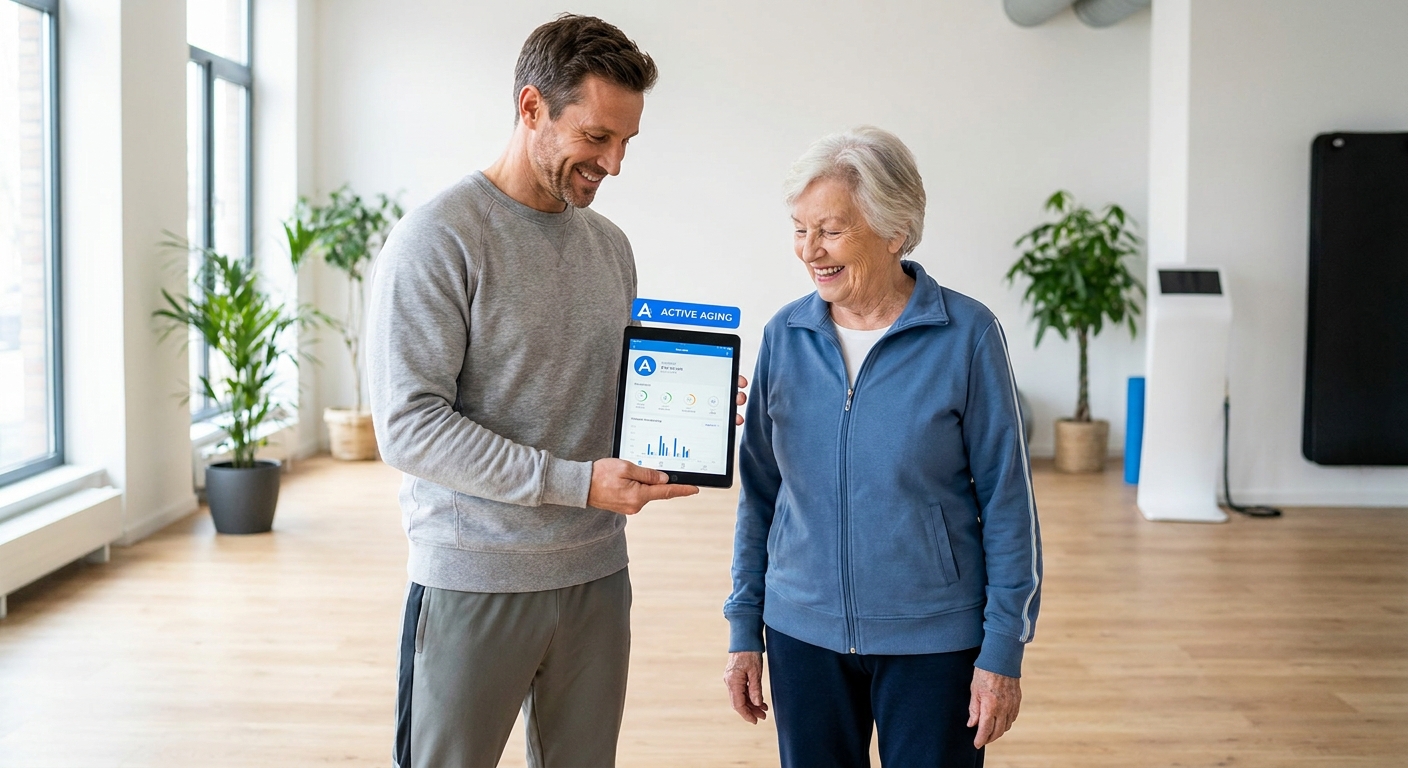 Personal trainer usando app de treino com cliente idosa em estúdio moderno