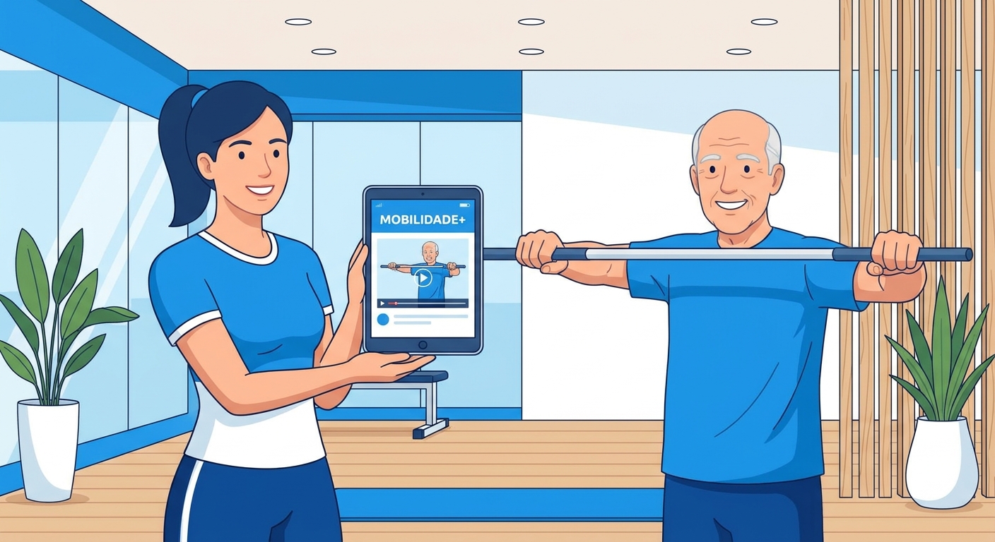 Personal trainer ao lado de aluno idoso utilizando app Personal Millbody para exercícios de mobilidade articular