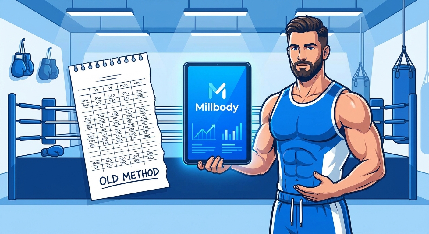 Personal trainer segurando tablet com app Millbody ao lado de planilha de papel rasgada - app para personal trainer vs planilha de treinos