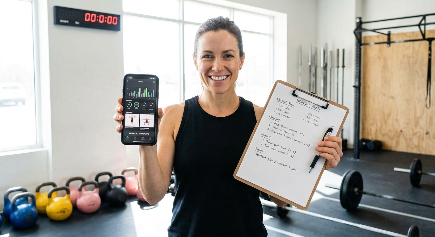 Personal trainer comparando app para personal trainer no celular com planilha de papel em uma academia de crossfit