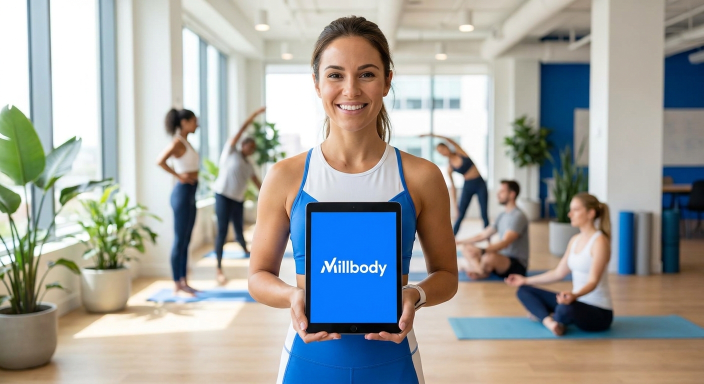 Personal trainer sorrindo segurando tablet com aplicativo Millbody em ambiente corporativo de yoga