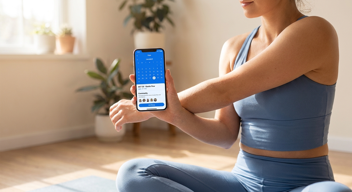 Aplicativo Personal Millbody para professora de yoga mostrando calendário de práticas e comunidade