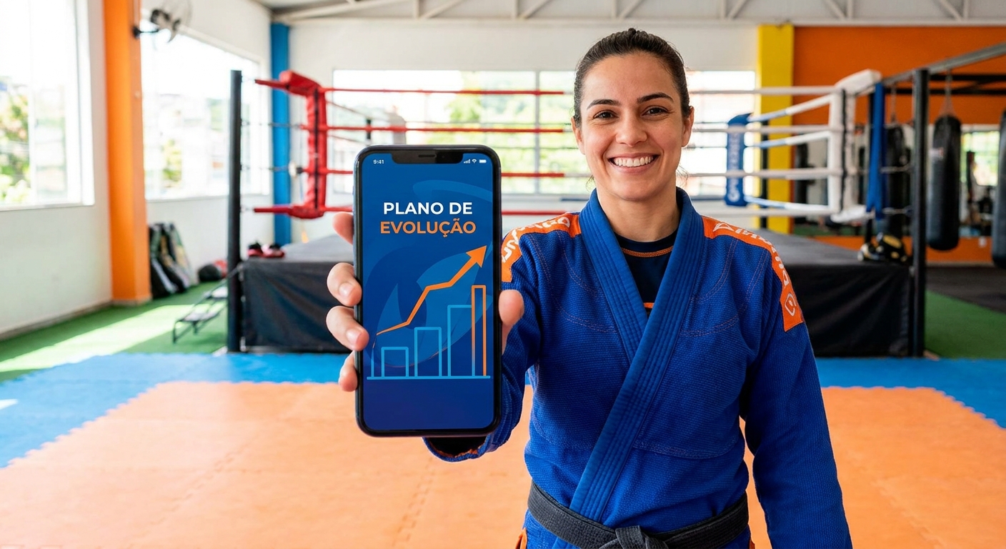 Instrutor de artes marciais segurando smartphone com app Personal Millbody mostrando plano de evolução de treinos em tatame profissional