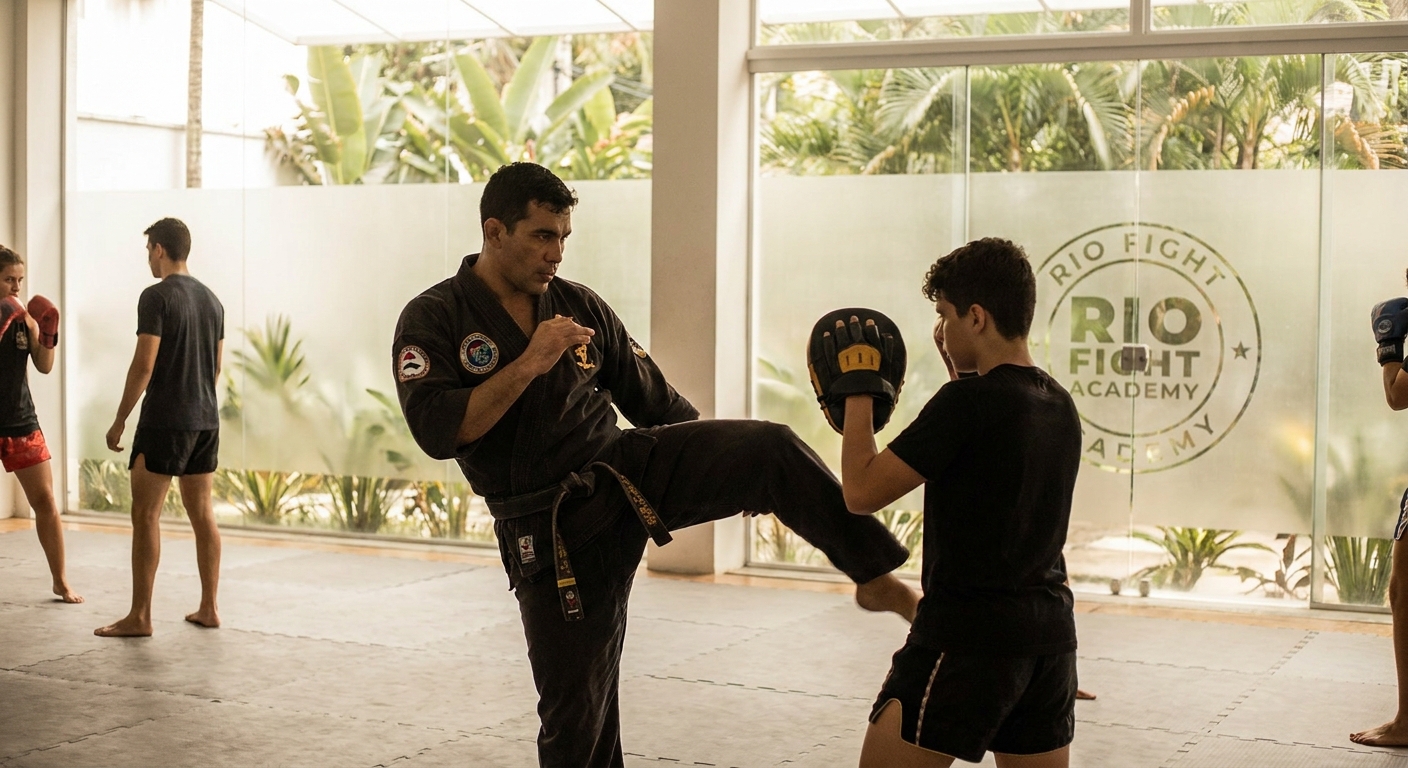 Instrutor de artes marciais dando aula de Muay Thai com fundo clean