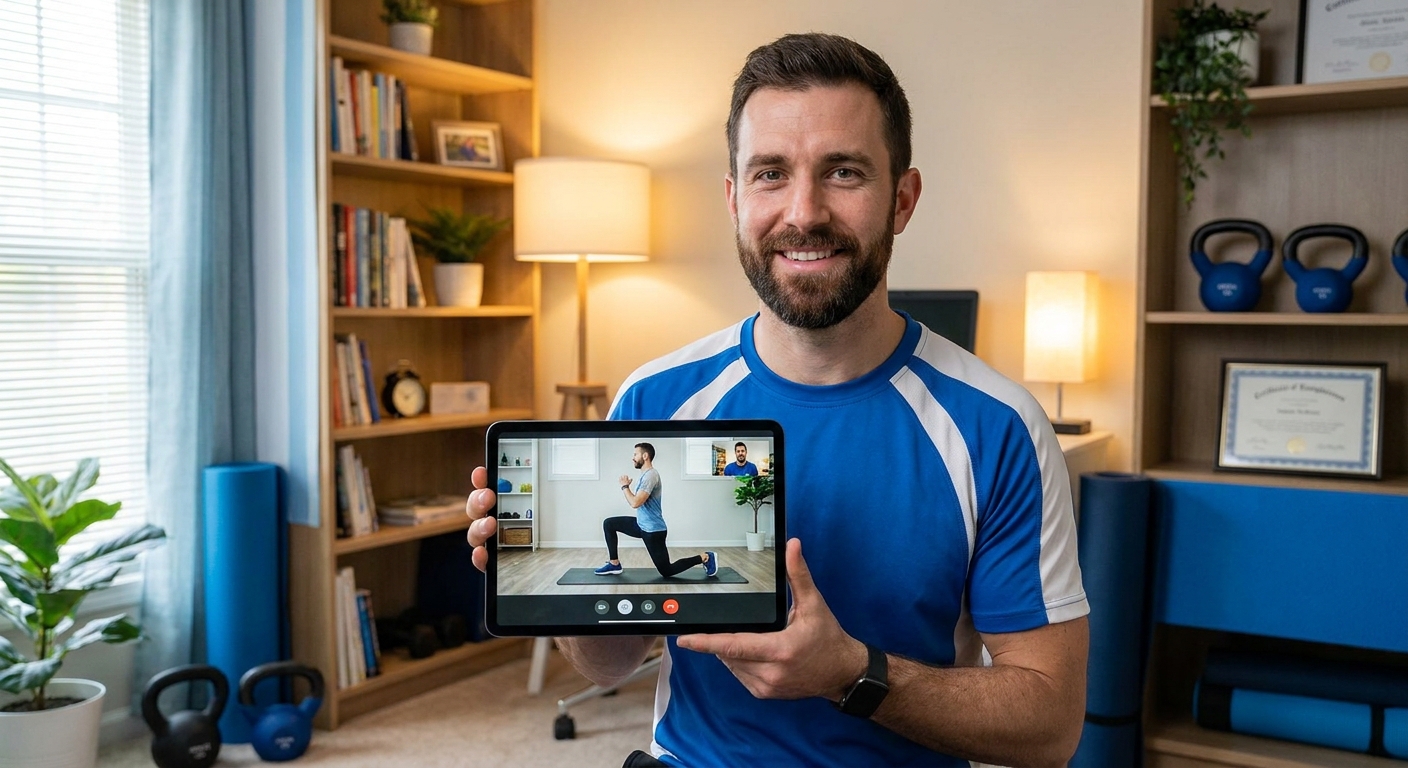 Personal Trainer realizando atendimento online por videochamada com aluno utilizando tablet