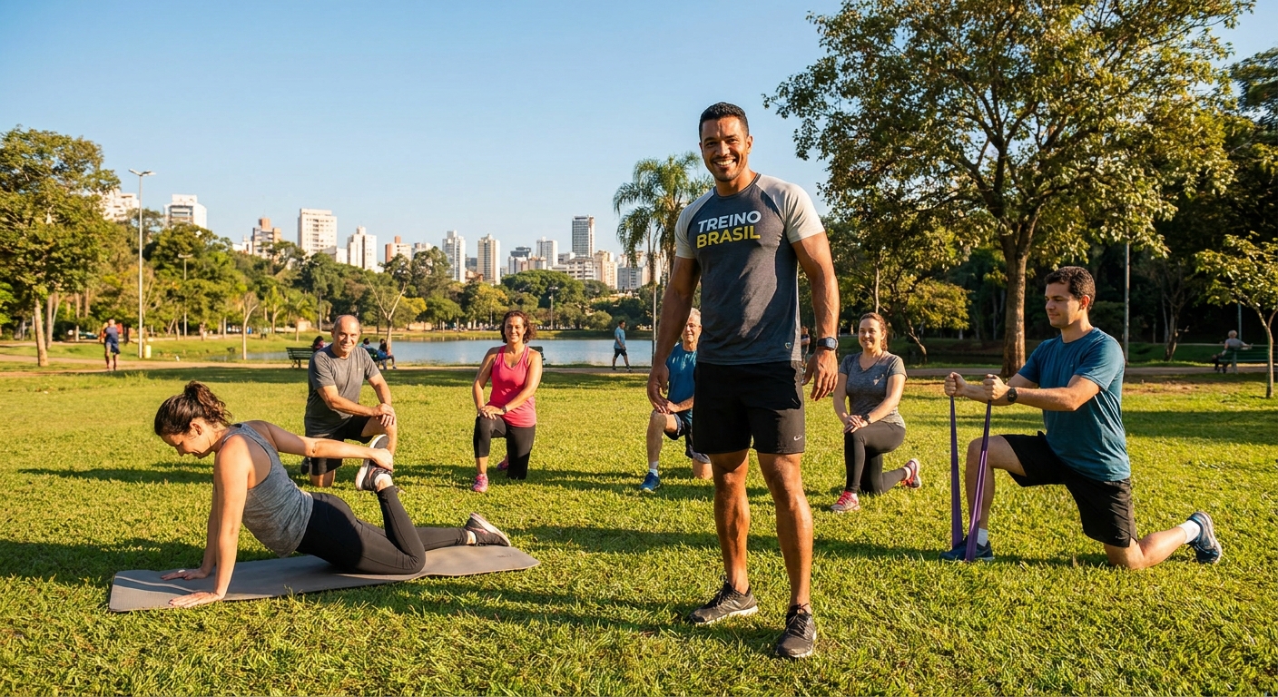 Personal trainer dando aula funcional ao ar livre em parque com alunos alongando