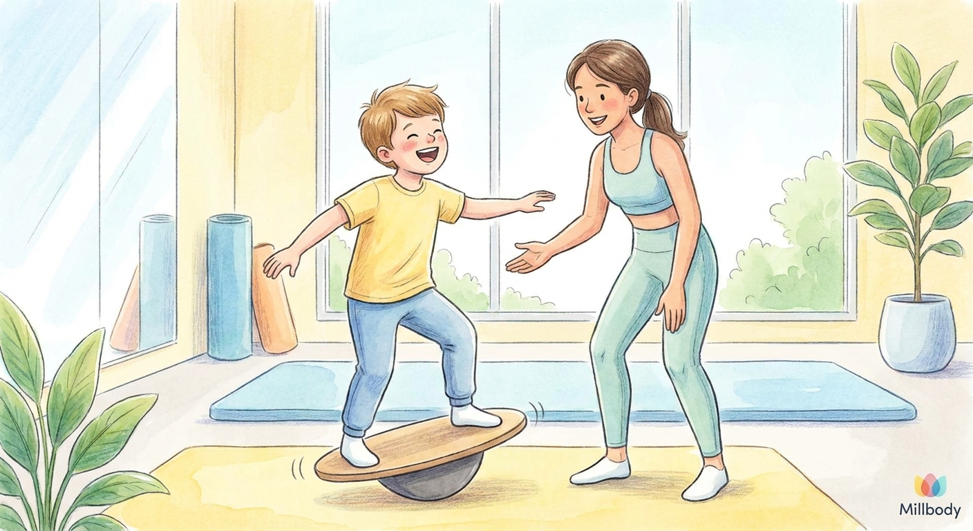 Personal trainer auxiliando criança autista em exercício de equilíbrio - atividade para autismo