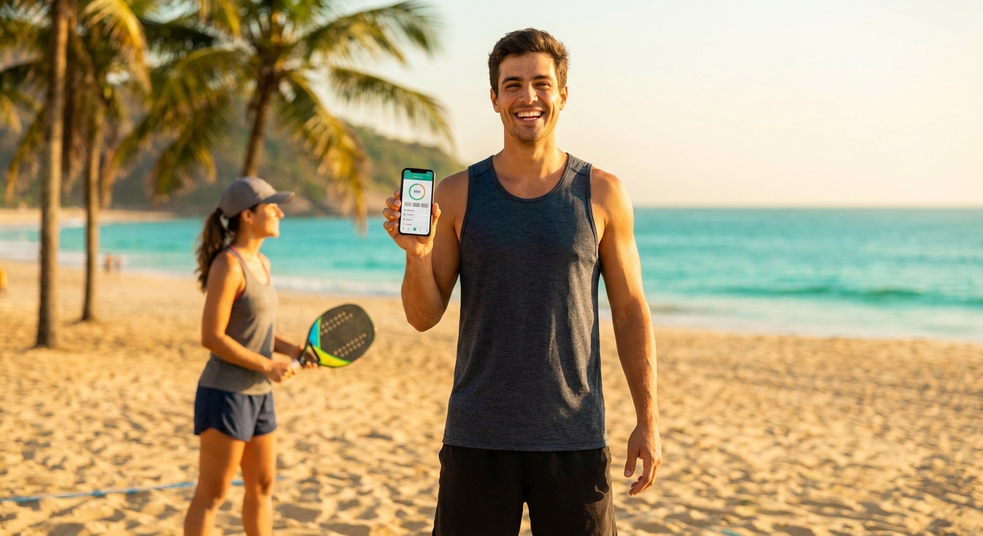 Personal trainer na praia com smartphone e aluno de Beach Tennis ao fundo segurando raquete