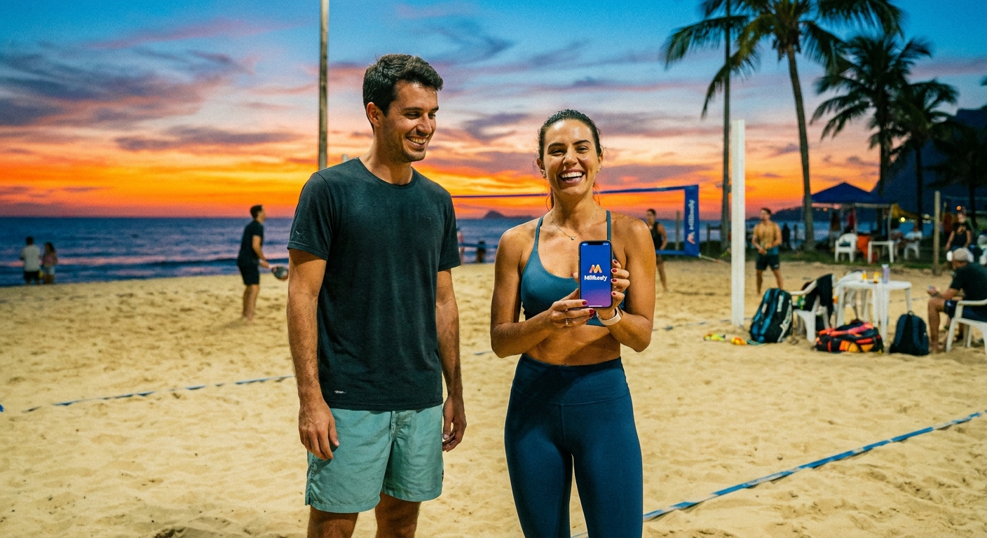 Personal trainer de Beach Tennis usando o app Millbody com aluno na quadra