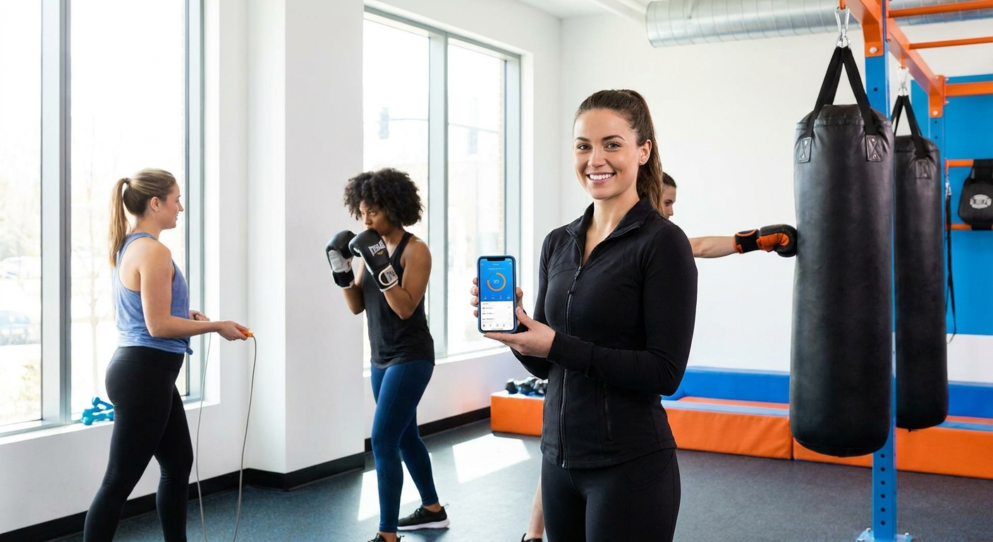 Personal trainer de boxe mostrando seu aplicativo próprio Personal Millbody